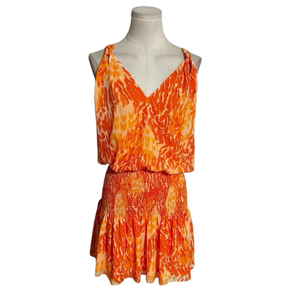 RAMY BROOK Orange Watercolor Coral Mini Dress Sleeveless Vacation Trip M Silk
